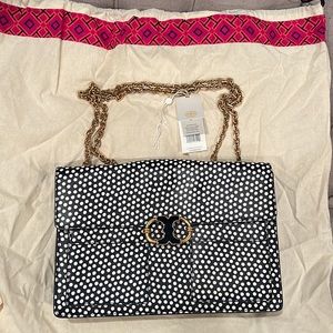 Tory Burch Gemini Link Polka Dot Printed Chain Shoulder Bag, Navy and White